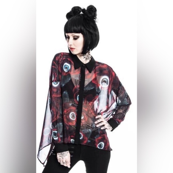 Killstar Tops - KILLSRAR Sheer Red Rose Black Eyeball Button Up Top